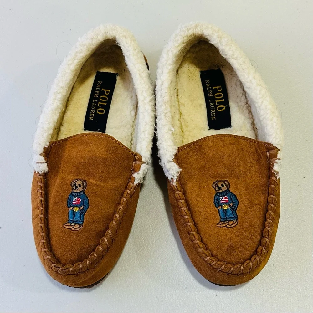 POLO RALPH LAUREN Kids Dezi Bear Moccasin Slipper Chestnut Size 3‎